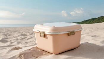 ghiaccio scatola, bevanda più fresco, portatile frigo su il spiaggia, foto