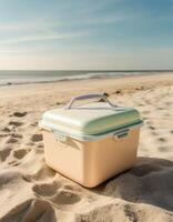 ghiaccio scatola, bevanda più fresco, portatile frigo su il spiaggia, foto