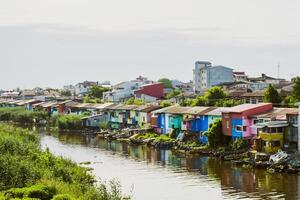 bandar anzali, mi sono imbattuto - 10 ° giugno, 2022 - bellissimo colorato iraniano case lungo zone umide fiume nel bandar anzali, caspian mare costa turista attrazione. nord iran, gilan Provincia foto