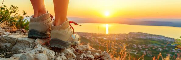 escursionista S piedi su montagna vertice, lago e fiume Visualizza natura viaggiatore S avventura foto