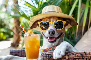 freddo cane nel occhiali da sole rilassante su spiaggia sedia con bere, estate vacanza vibrazione foto