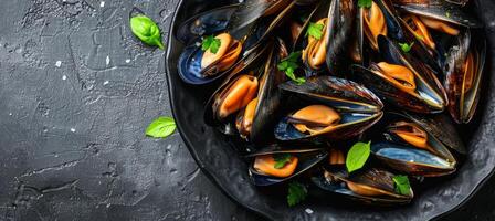 squisito tradizionale mediterraneo grigliato cozze elegantemente presentata su un' elegante nero piatto foto