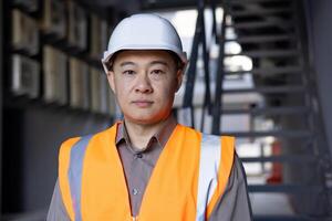 fiducioso asiatico ingegnere nel sicurezza veste e difficile cappello in piedi nel un industriale costruzione ambientazione, raffigurante professionalità e competenza. foto