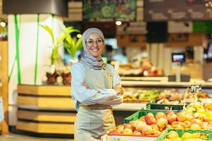 ritratto di un' bellissimo giovane musulmano donna nel un' hijab, chi lavori nel un' supermercato foto