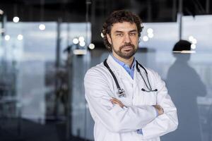 professionale maschio medico con un' stetoscopio in piedi con attraversato braccia nel un' contemporaneo medico facilità, trasudante fiducia e competenza. foto