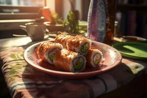 un' meravigliosamente disposte composizione di Sushi su un' piatto in mostra varietà e freschezza foto