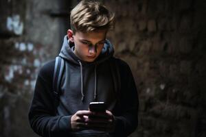 un' contento adolescenziale ragazzo con il suo smartphone. ai generativ foto