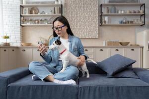 giovane bellissimo asiatico donna seduta su divano a casa e utilizzando Telefono felicemente foto