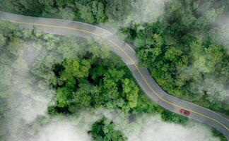 aereo superiore Visualizza di un' rosso auto guida su autostrada strada nel verde foresta. sostenibile trasporto. elettrico veicolo guida su asfalto strada attraverso lussureggiante verde foresta. zero emissione macchina. verde mobilità. foto