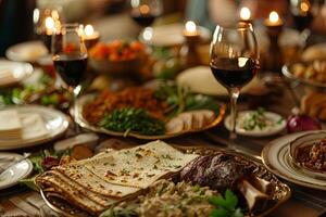Pasqua ebraica seder tavolo preparativi in mostra abbondanza e calore nel alto risoluzione foto