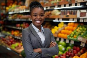 giovane nero donna indossare un' grigio completo da uomo è sorridente con sua braccia piegato attraverso sua il petto in piedi nel sua proprio frutta memorizzare foto
