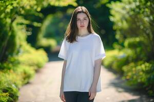 bellissimo giovane donna con Marrone capelli indossare sovradimensionato pianura bianca maglietta in piedi nel un' sentiero giardino foto