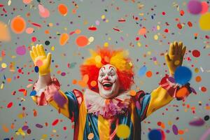 clown indossare colorato e divertente Abiti ridendo allegramente mentre agitando tutti e due mani con gioia foto