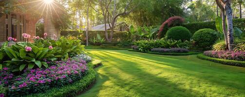 bene mantenuto orchidea giardino nel il spazioso Giardino dietro la casa di il Casa foto