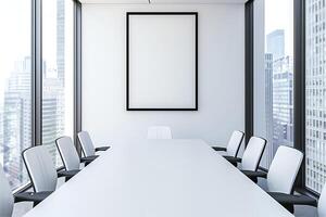 grande vuoto telaio su il bianca parete nel un' moderno incontro camera con un' conferenza tavolo e sedie foto