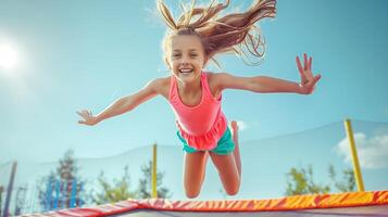 un' poco ragazza è salto su un' trampolino foto