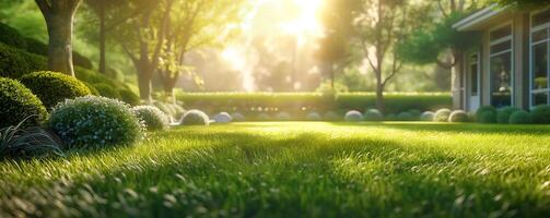 sbalorditivo Giardino dietro la casa con bene tenuto erba e cespugli foto