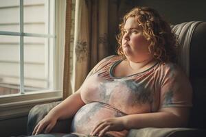 sovrappeso donna si siede su un' sedia guardare in direzione il finestra foto