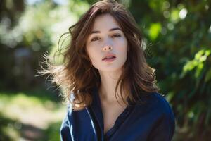 ritratto di un' giovane donna con Marrone capelli Impressionante un elegante posa indossare un' buio blu pianura camicia nel giardino foto