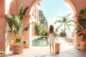 indietro Visualizza poco ragazza con un' valigia accanto sua è in piedi su il terrazza con piscina, vacanza concetto foto