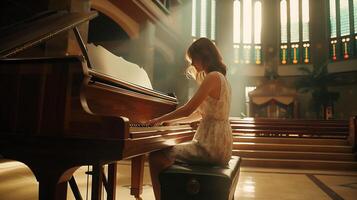 donna indossare classico vestito giocando pianoforte nel un' moderno Chiesa palcoscenico foto