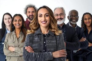 gruppo di dipendenti raccoglie con loro braccia piegato attraverso loro cassapanche sorridente brillantemente in direzione il telecamera foto