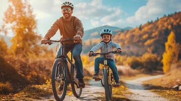padre e il suo bambino siamo equitazione biciclette passaggio attraverso sentiero bellissimo colline foto