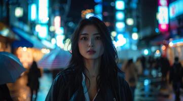 ritratto di un' bellissimo asiatico ragazza nel il città a notte foto