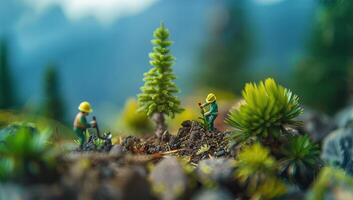 miniatura persone contadino piantare albero nel il giardino con bokeh sfondo sicurezza csr responsabilità amichevole carbonio neutro foto