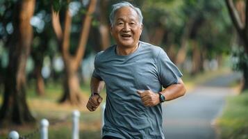 ritratto di asiatico anziano uomo sorridente e guardare a telecamera nel il parco foto