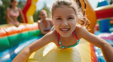 poco ragazza avendo divertimento su un gonfiabile rimbalzante castello, con sua famiglia Guardando nel il sfondo. foto