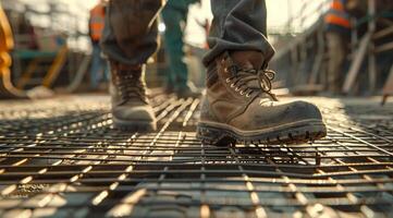 vicino su di un' lavoratori scarpe a piedi su un' acciaio grattugiare pavimento nel un' costruzione luogo, con persone Lavorando nel il sfondo, veicolare un industriale architettura concetto, nel un' avvicinamento Visualizza foto