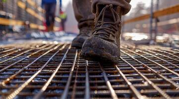 vicino su di un' lavoratori scarpe a piedi su un' acciaio grattugiare pavimento nel un' costruzione luogo, con persone Lavorando nel il sfondo, veicolare un industriale architettura concetto, nel un' avvicinamento Visualizza foto