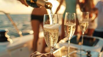 vicino su di un' maschio mano scrosciante Champagne in bicchieri per un' gruppo su un' yacht. foto