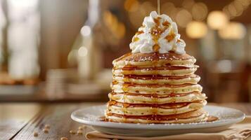 un' Torre di soffice Pancakes impilati alto e piovigginato con caldo acero sciroppo e sormontato con un' ciuffo di frustato crema foto