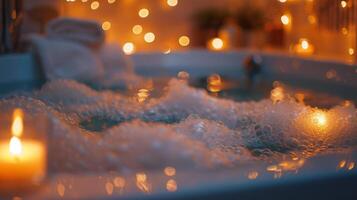 un' caldo bagno pieno con bolle e circondato di candele fornire un' calmante atmosfera per rilassamento e automedicazione foto