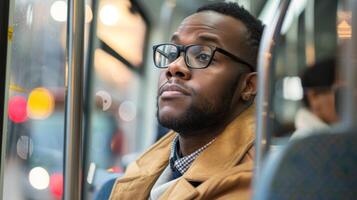 un' uomo utilizzando pubblico mezzi di trasporto anziché di guida un' auto riducendo aria inquinamento e promozione sostenibile mezzi di trasporto foto