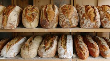 pagnotte di pane foderato su nel righe su un' mensola loro leggermente irregolare forme e variando dimensioni aggiungendo per loro autentico artigianale appello foto