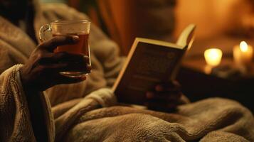 un' uomo oziare nel un' felpa accappatoio sorseggiando su un' tazza di erbaceo tè e lettura un' libro nel un' tranquillo scarsamente illuminata rilassamento camera foto