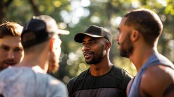 un' gruppo di uomini avendo un' discussione su il migliore esercizi e diete per raggiungere loro fitness obiettivi foto