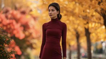 un' maniche lunghe aderente midi vestito nel un' ricco ombra di Borgogna con un' alto scollatura e su misura in forma Perfetto per un' elegante cena festa. il bellissimo autunno fogliame nel il backgroun foto