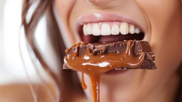 un' donna prende un' mordere di un' cioccolato con caramello Riempimento il appiccicoso centro stillicidio su e soddisfacente sua dolce dente foto