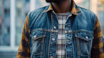 un' uomo indossare un' casuale ma elegante denim giacca mostrando via il suo rilassato ancora alla moda stile foto