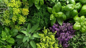 un' giardino scoppiando con un' varietà di esotico erbe aromatiche e es pronto per essere Usato nel saporito piatti foto