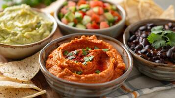 un' trio di saporito tuffi con arrostito rosso Pepe hummus cremoso avocado salsa e y nero fagiolo tuffo foto