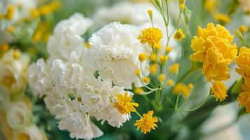 un' avvicinamento tiro di delicato bianca garofani e d'oro millefoglie essere accuratamente aggiunto per un' mazzo ogni fiore posizionamento scelto con precisione e cura foto