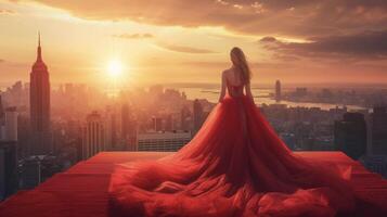sfondo il sole imposta al di sopra di il città orizzonte la creazione di un' romantico e capriccioso fondale per il tuo rosso tappeto aspetto nel il tuo giocoso e gl vestito foto