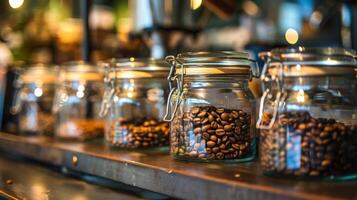 un' riga di bicchiere barattoli pieno con vario es e erbe aromatiche Usato nel il processi di condimento e valorizzare artigiano caffè foto