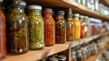 un' dispensa mensola rifornito con un degno di nota collezione di buongustaio condimenti Compreso pesto Harissa e affumicato pomodoro ketchup foto