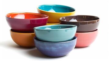 un' impostato di vivace ceramica ciotole Perfetto per servendo un' colorato insalata o memorizzazione avanzi nel il frigo foto